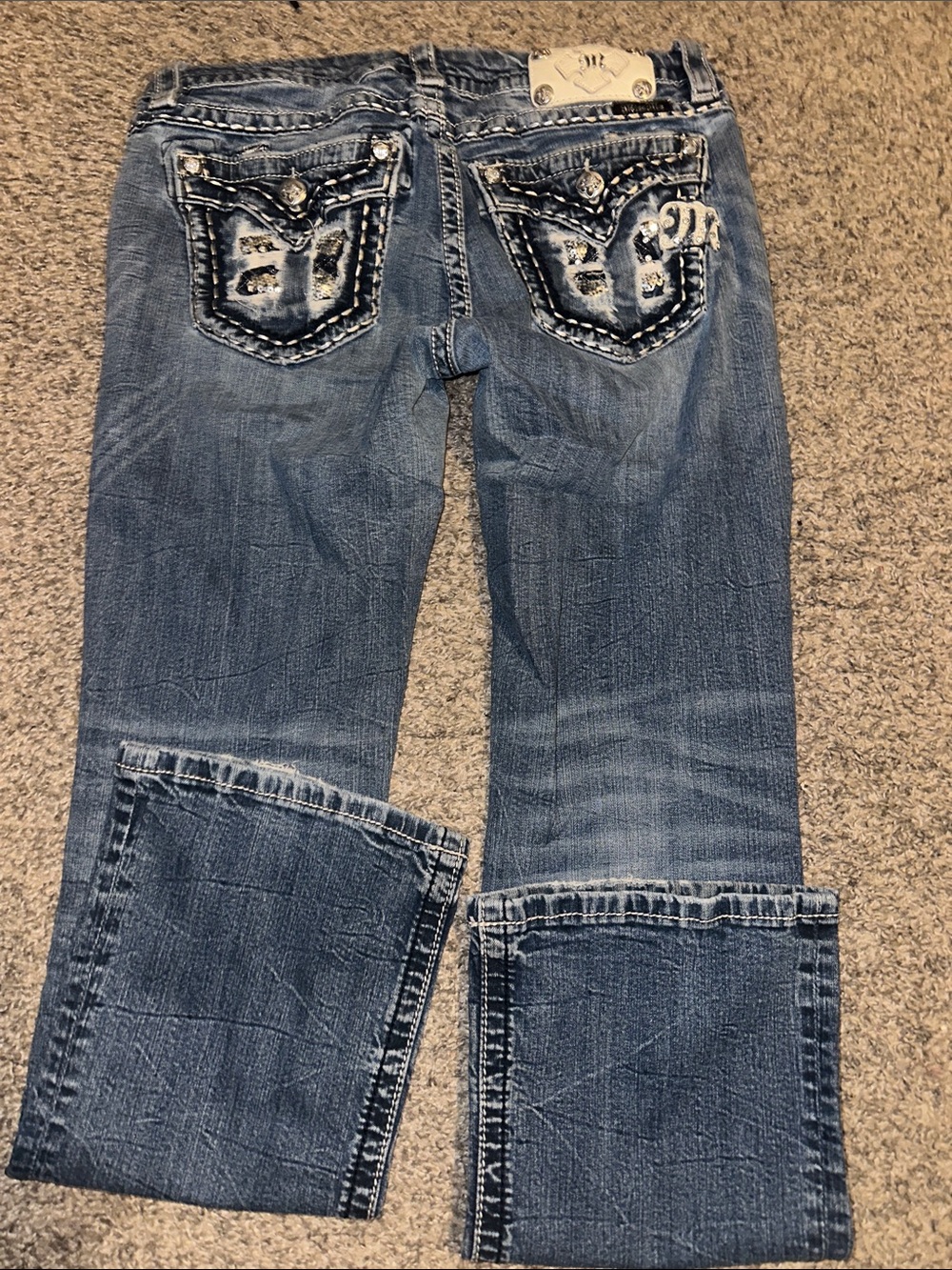 Miss Me Blue Embroidered Back-Pocket Flare Jeans Butterfly Pattern.
